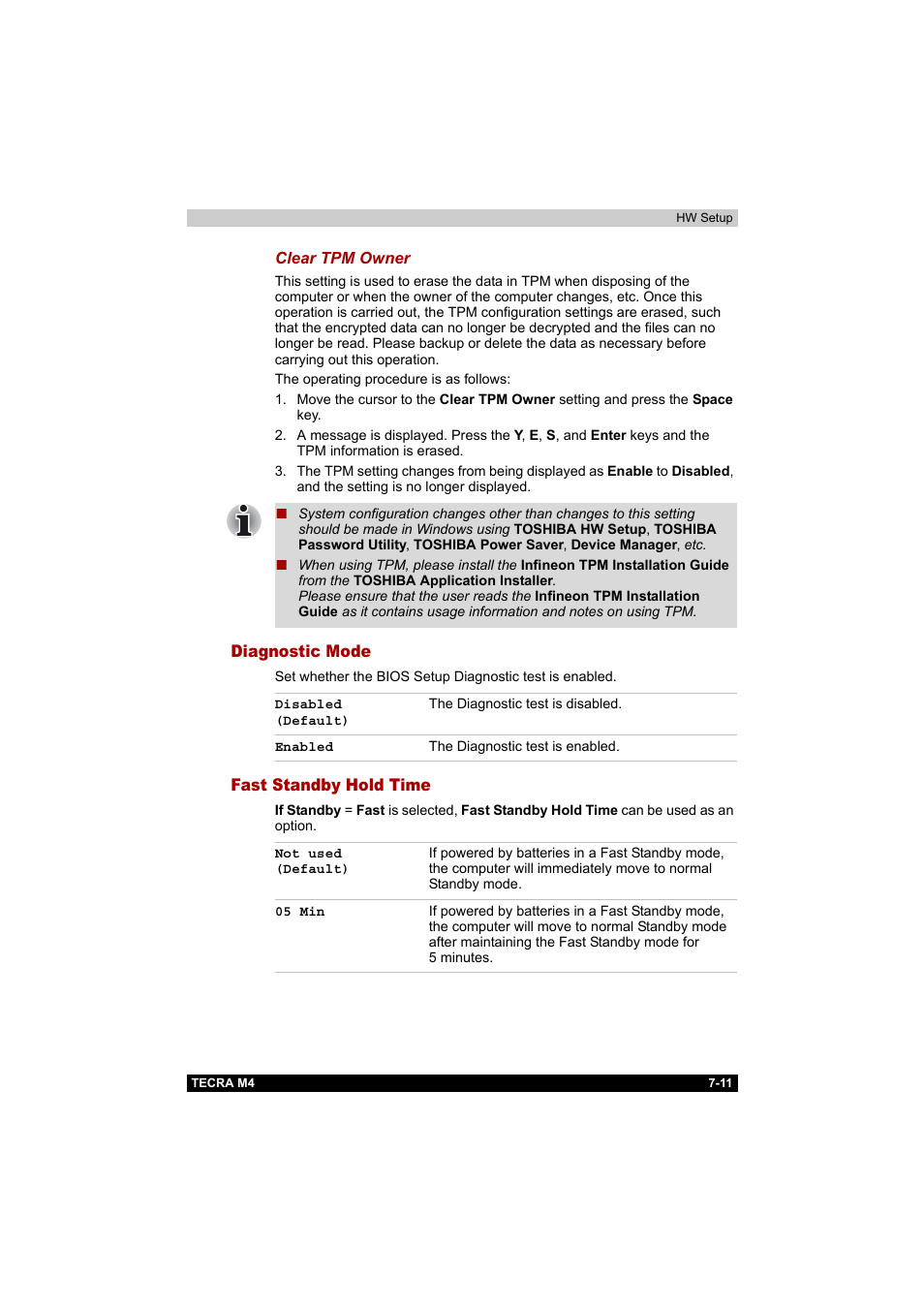 Diagnostic mode, Fast standby hold time, Diagnostic mode -11 fast standby hold time -11 | Toshiba Tecra M4 User Manual | Page 157 / 237