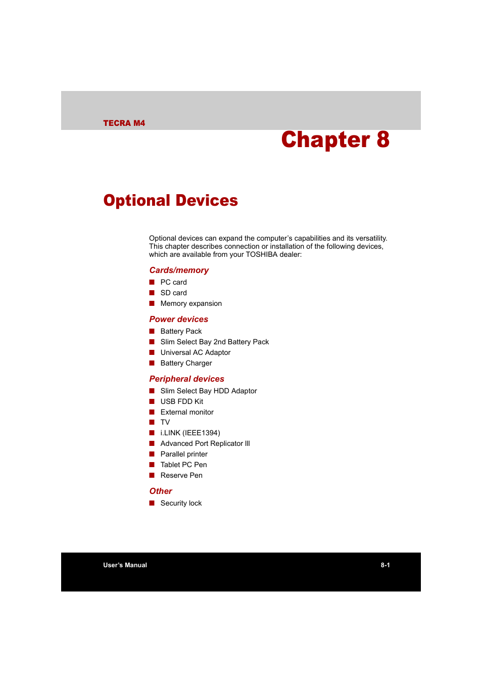 Chapter 8: optional devices, Chapter 8, Optional devices | Hapter 8 | Toshiba Tecra M4 User Manual | Page 159 / 237