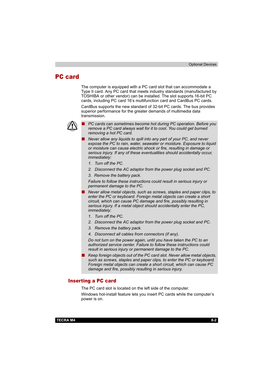 Pc card, Inserting a pc card, Pc card -2 | Inserting a pc card -2 | Toshiba Tecra M4 User Manual | Page 160 / 237