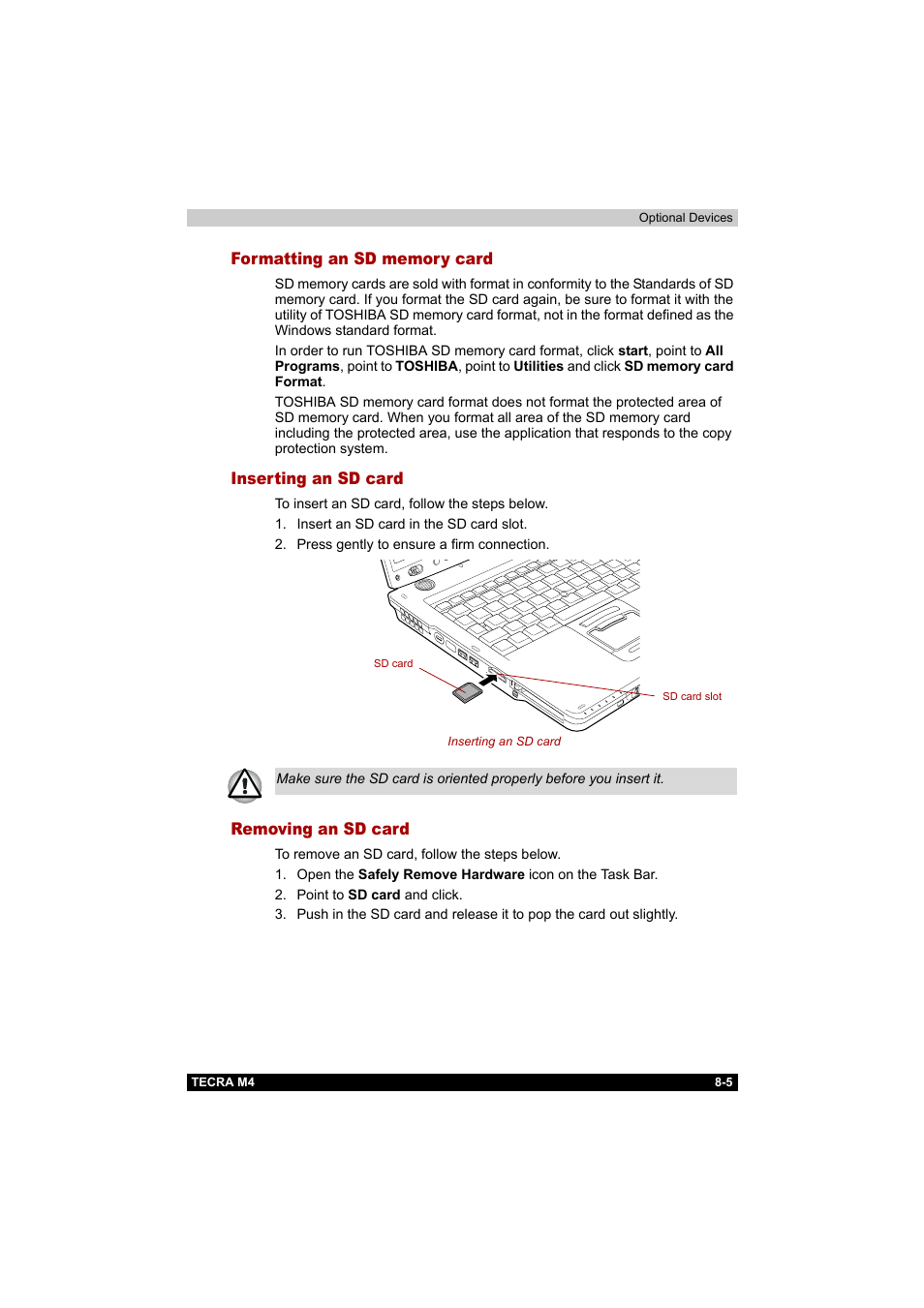 Formatting an sd memory card, Inserting an sd card, Removing an sd card | Toshiba Tecra M4 User Manual | Page 163 / 237