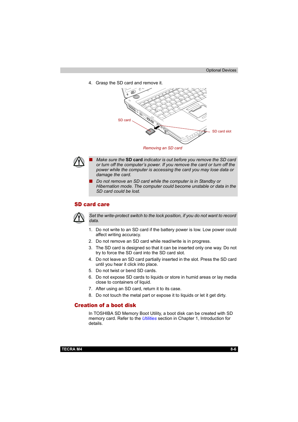 Sd card care, Creation of a boot disk, Sd card care -6 creation of a boot disk -6 | Toshiba Tecra M4 User Manual | Page 164 / 237