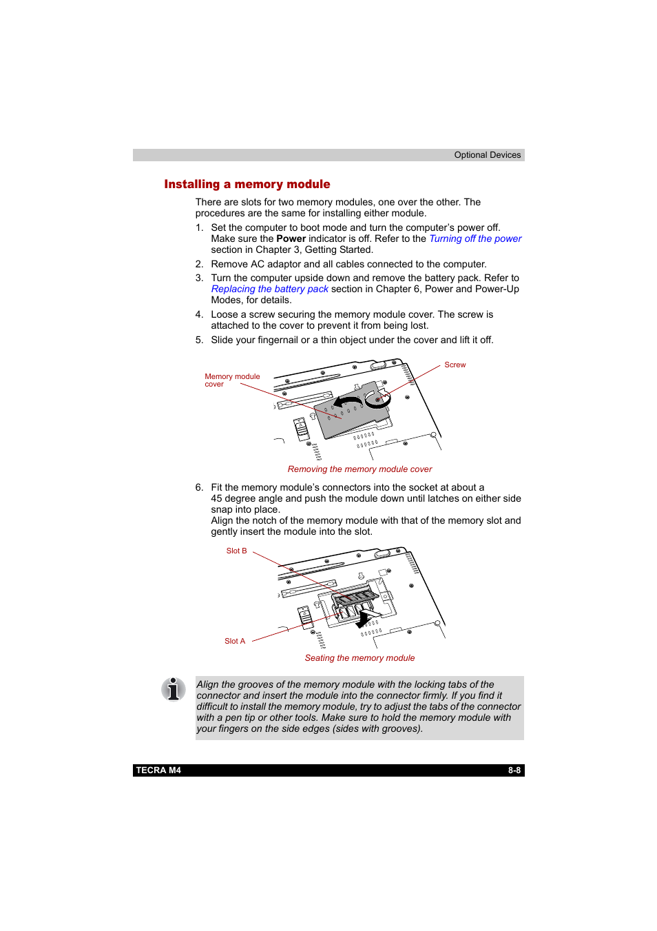 Installing a memory module, Installing a memory module -8 | Toshiba Tecra M4 User Manual | Page 166 / 237