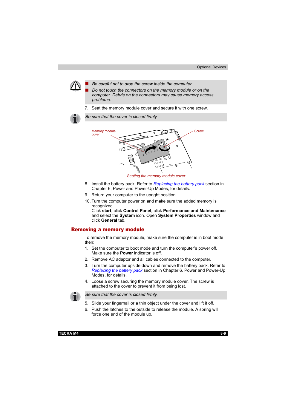 Removing a memory module, Removing a memory module -9 | Toshiba Tecra M4 User Manual | Page 167 / 237