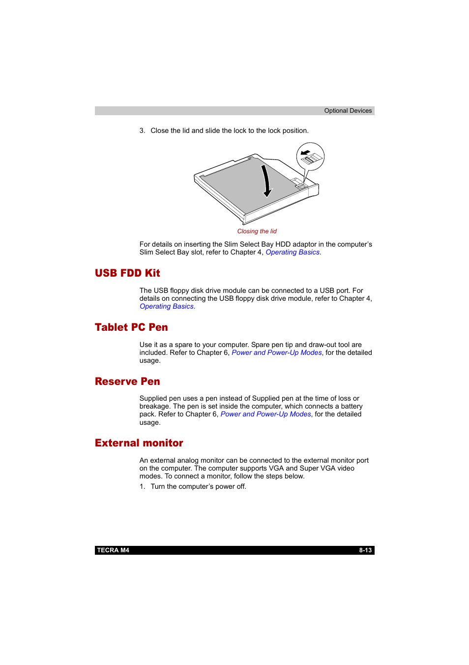 Usb fdd kit, Tablet pc pen, Reserve pen | External monitor | Toshiba Tecra M4 User Manual | Page 171 / 237