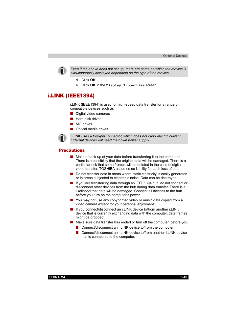 I.link (ieee1394), Precautions, I.link (ieee1394) -16 | Precautions -16 | Toshiba Tecra M4 User Manual | Page 174 / 237