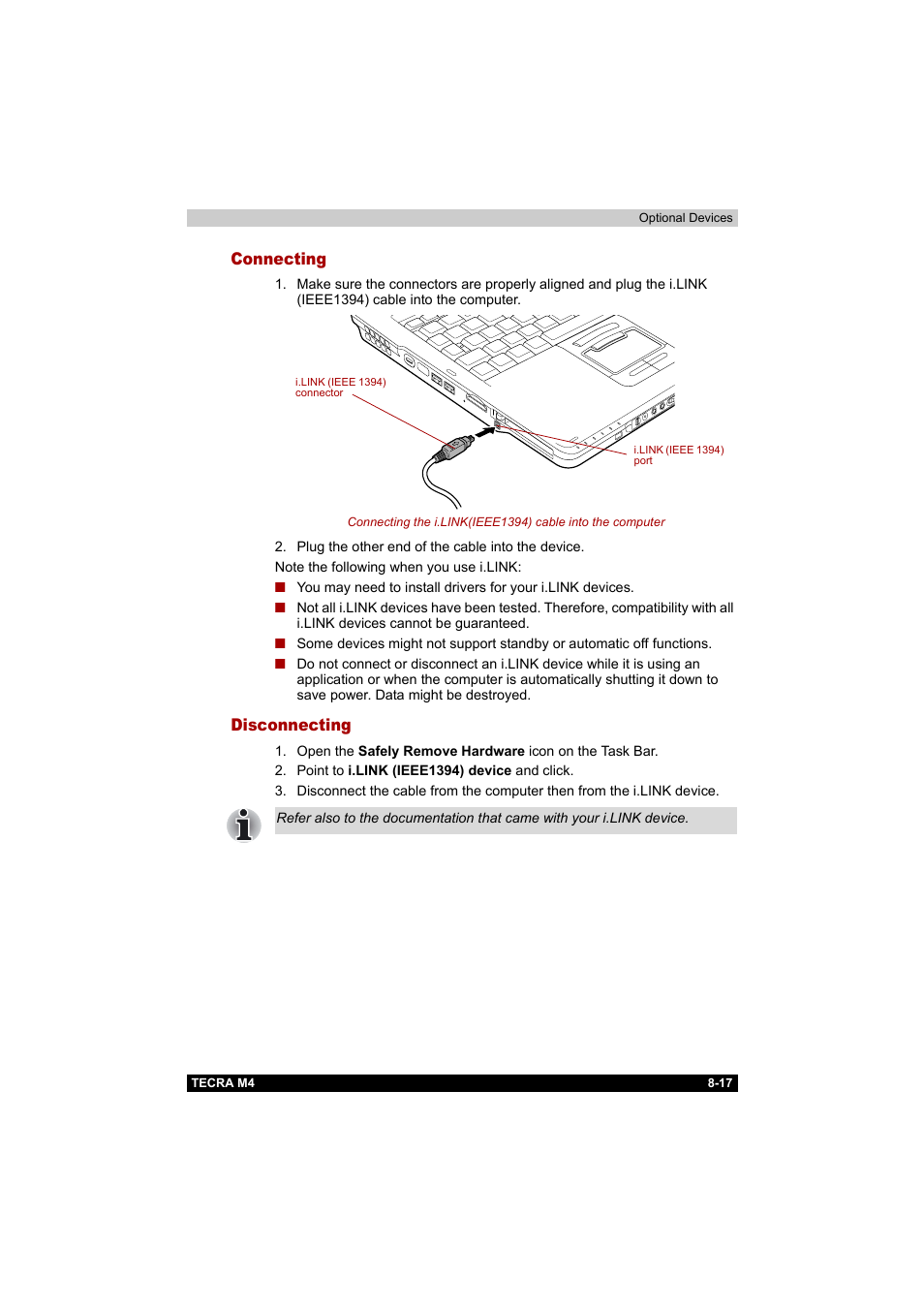 Connecting, Disconnecting, Connecting -17 disconnecting -17 | Toshiba Tecra M4 User Manual | Page 175 / 237