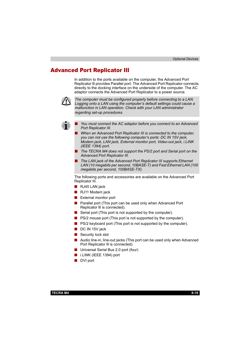 Advanced port replicator iil, Advanced port replicator iil -18 | Toshiba Tecra M4 User Manual | Page 176 / 237