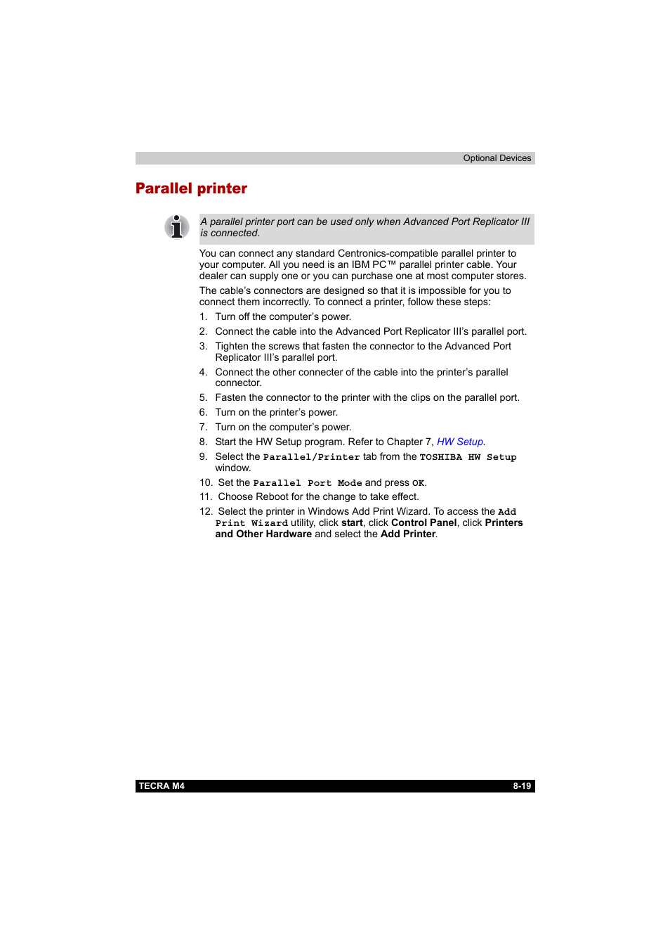 Parallel printer, Parallel printer -19 | Toshiba Tecra M4 User Manual | Page 177 / 237