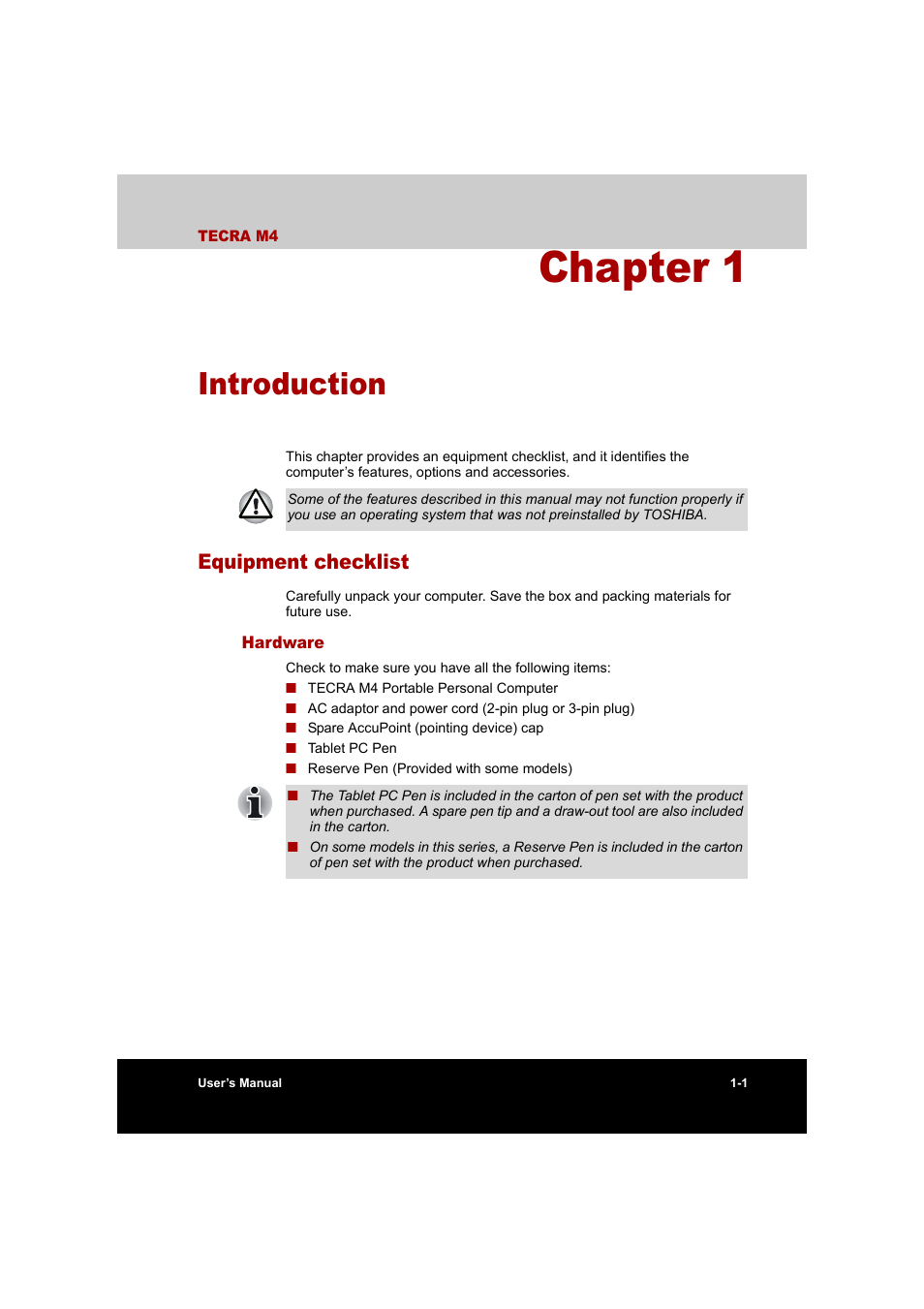 Chapter 1: introduction, Equipment checklist, Hardware | Chapter 1, Introduction, Equipment checklist -1, Hardware -1, Is an overvie | Toshiba Tecra M4 User Manual | Page 18 / 237