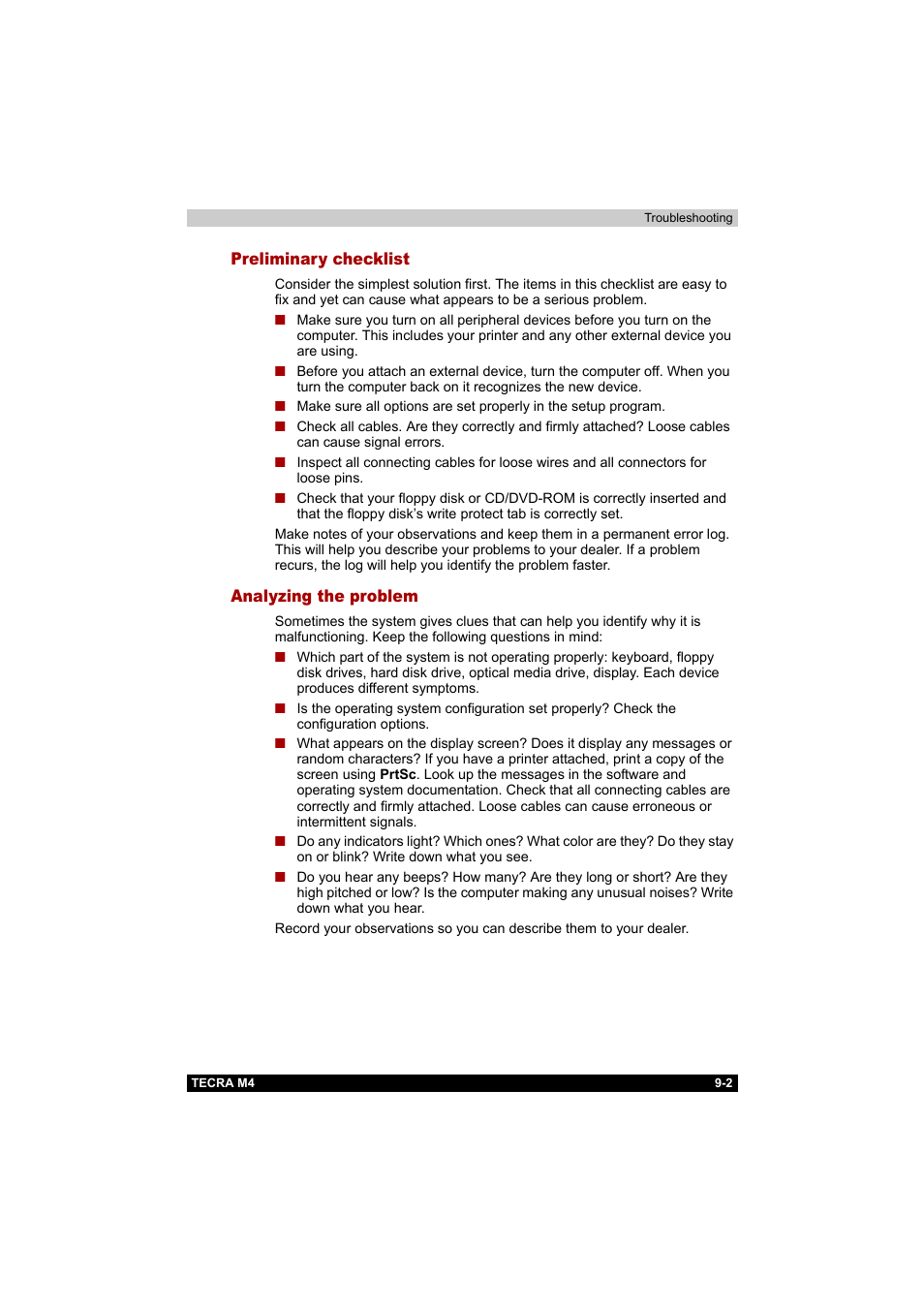 Preliminary checklist, Analyzing the problem, Preliminary checklist -2 analyzing the problem -2 | Toshiba Tecra M4 User Manual | Page 180 / 237