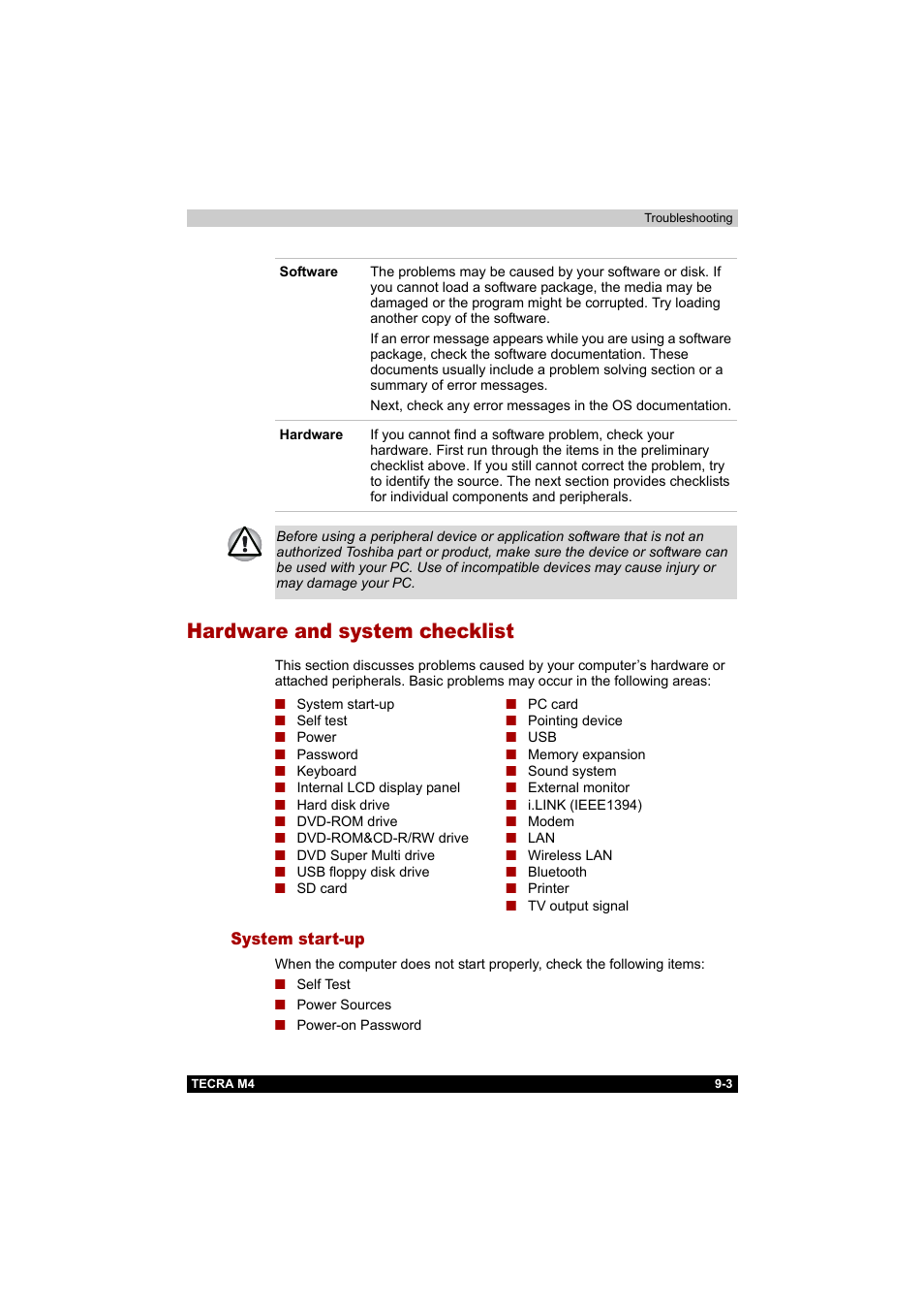 Hardware and system checklist, System start-up, Hardware and system checklist -3 | System start-up -3 | Toshiba Tecra M4 User Manual | Page 181 / 237