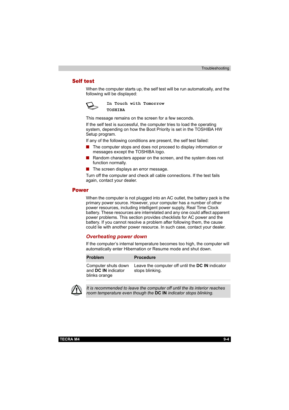 Self test, Power, Self test -4 power -4 | Toshiba Tecra M4 User Manual | Page 182 / 237