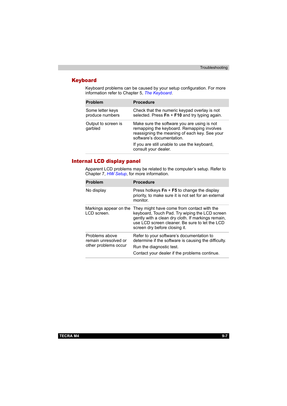 Keyboard, Internal lcd display panel, Keyboard -7 internal lcd display panel -7 | Toshiba Tecra M4 User Manual | Page 185 / 237