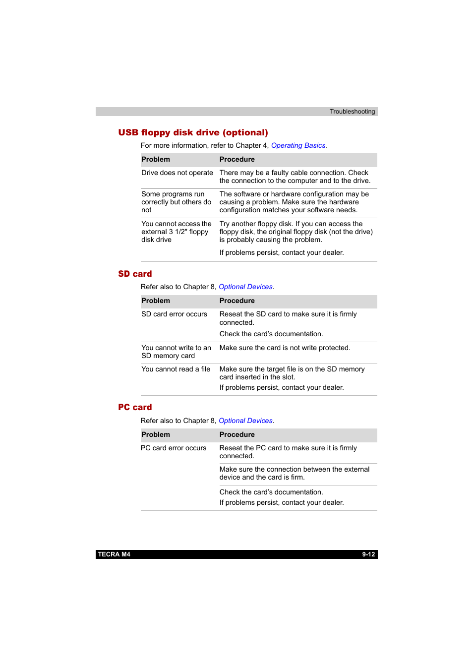 Usb floppy disk drive (optional), Sd card, Pc card | Toshiba Tecra M4 User Manual | Page 190 / 237