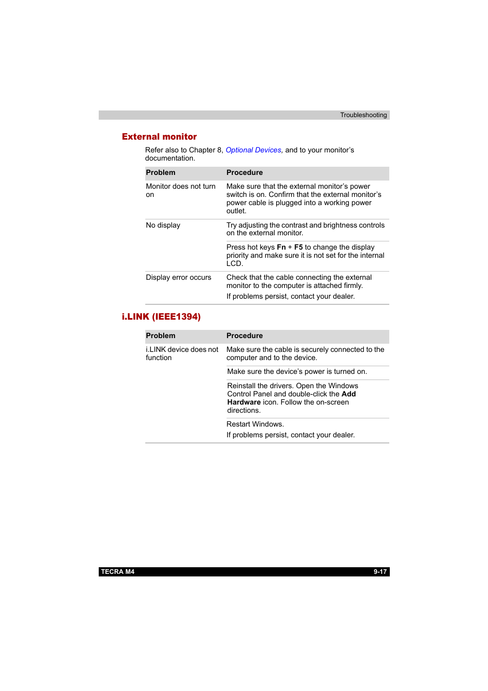 External monitor, I.link (ieee1394), External monitor -17 i.link (ieee1394) -17 | Toshiba Tecra M4 User Manual | Page 195 / 237