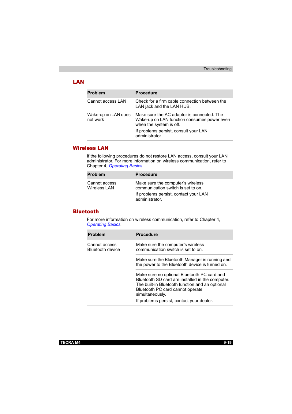 Wireless lan, Bluetooth, Lan -19 wireless lan -19 bluetooth -19 | Toshiba Tecra M4 User Manual | Page 197 / 237