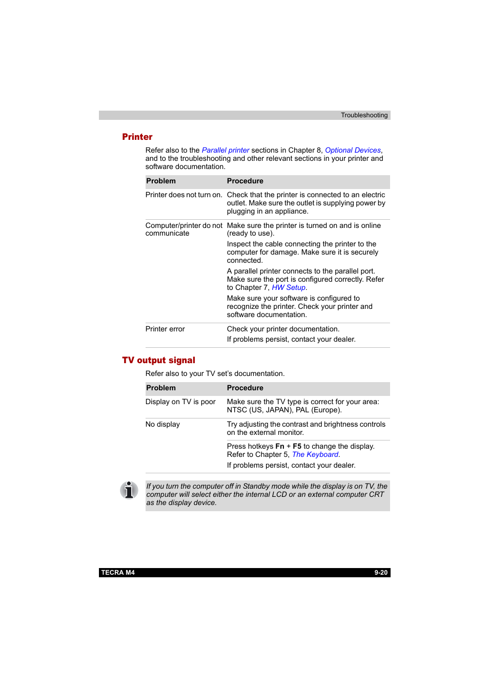 Printer, Tv output signal, Printer -20 tv output signal -20 | Toshiba Tecra M4 User Manual | Page 198 / 237