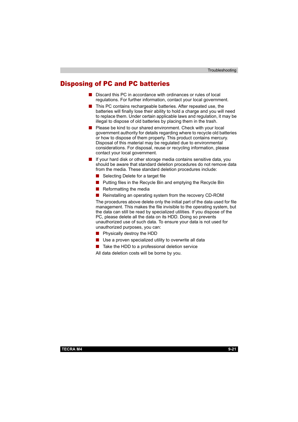 Disposing of pc and pc batteries, Disposing of pc and pc batteries -21 | Toshiba Tecra M4 User Manual | Page 199 / 237