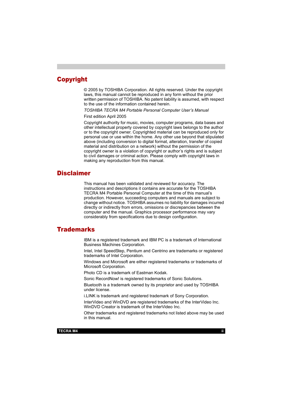 Copyright, Disclaimer, Trademarks | Toshiba Tecra M4 User Manual | Page 2 / 237