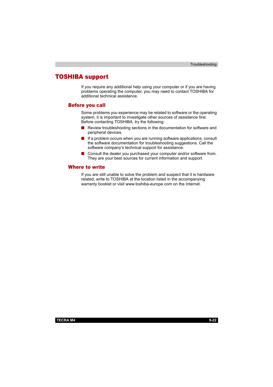 Toshiba support, Before you call, Where to write | Toshiba support -22, Before you call -22 where to write -22 | Toshiba Tecra M4 User Manual | Page 200 / 237