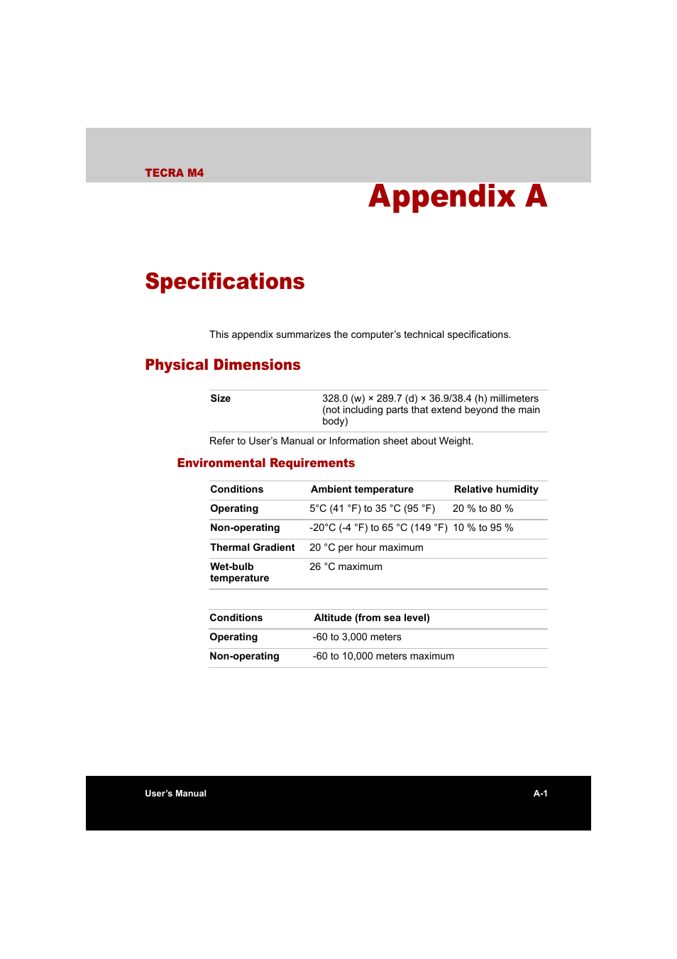 Appendix a: specifications, Physical dimensions, Environmental requirements | Appendix a, Specifications, Appendices, Provid | Toshiba Tecra M4 User Manual | Page 201 / 237