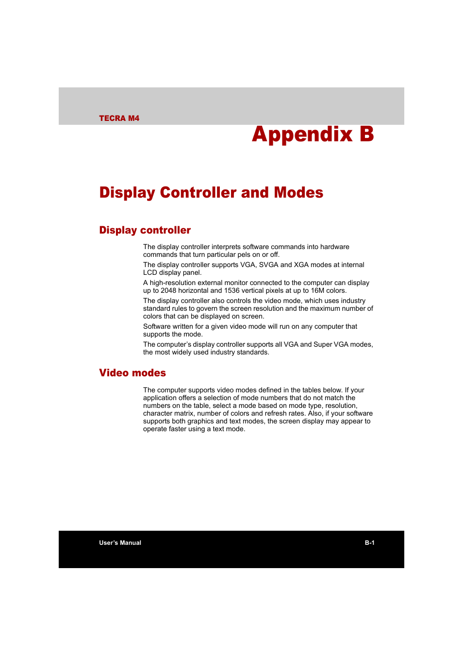 Appendix b: display controller and modes, Display controller, Video modes | Appendix b, Display controller and modes, Fer to, Display controller and, Modes, Display, Controller and modes | Toshiba Tecra M4 User Manual | Page 204 / 237