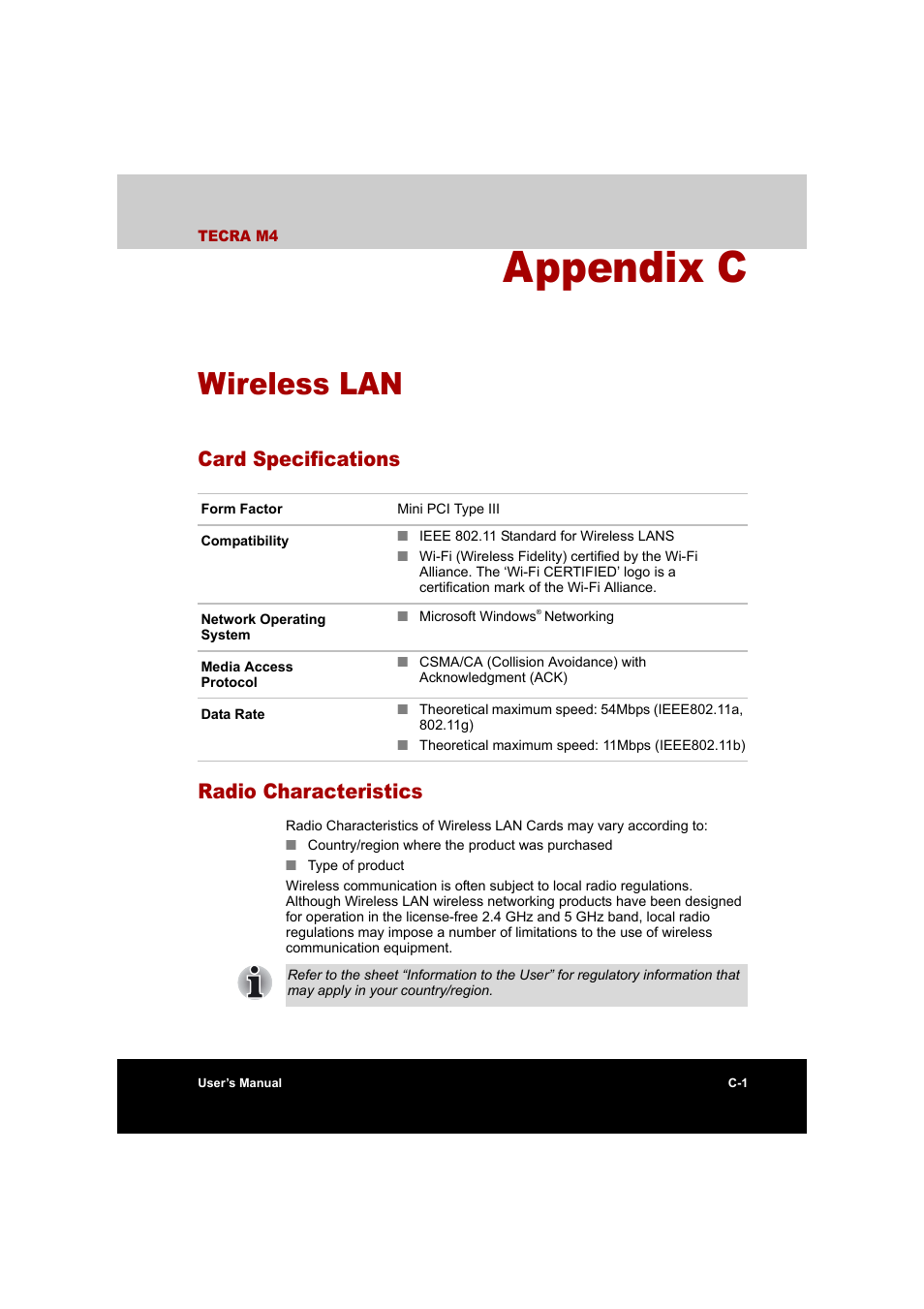 Appendix c: wireless lan, Card specifications, Radio characteristics | Appendix c, Wireless lan, Card specifications radio characteristics | Toshiba Tecra M4 User Manual | Page 212 / 237