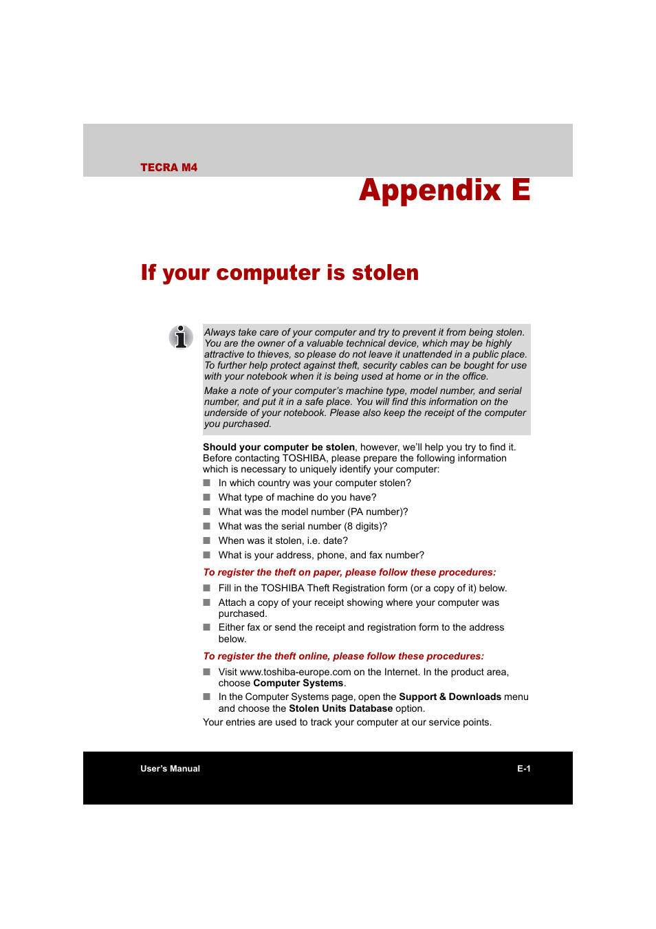 Appendix e: if your computer is stolen, Appendix e, If your computer is stolen | Toshiba Tecra M4 User Manual | Page 218 / 237