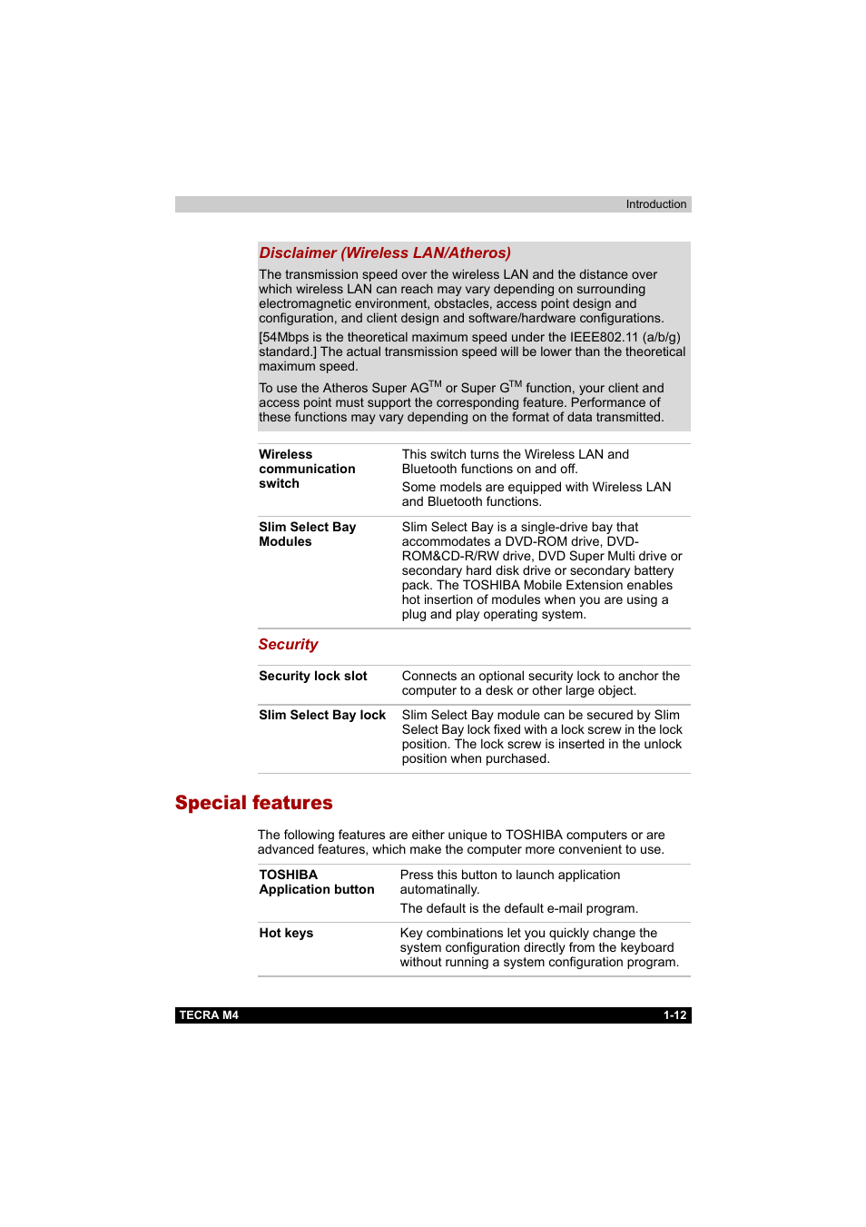 Special features, Special features -12 | Toshiba Tecra M4 User Manual | Page 29 / 237