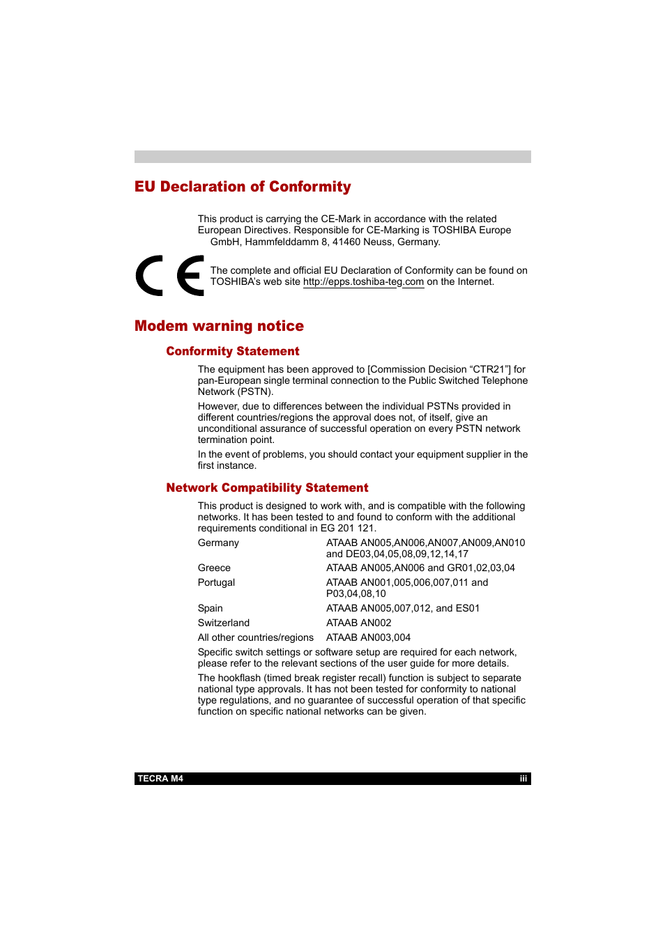 Eu declaration of conformity, Modem warning notice | Toshiba Tecra M4 User Manual | Page 3 / 237