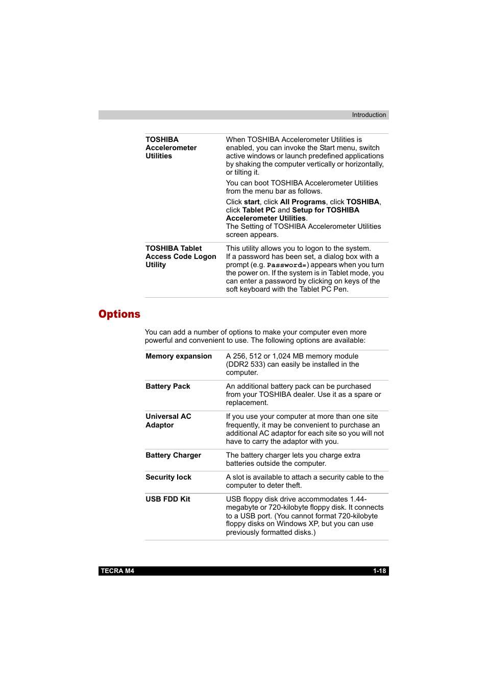 Options, Options -18 | Toshiba Tecra M4 User Manual | Page 35 / 237