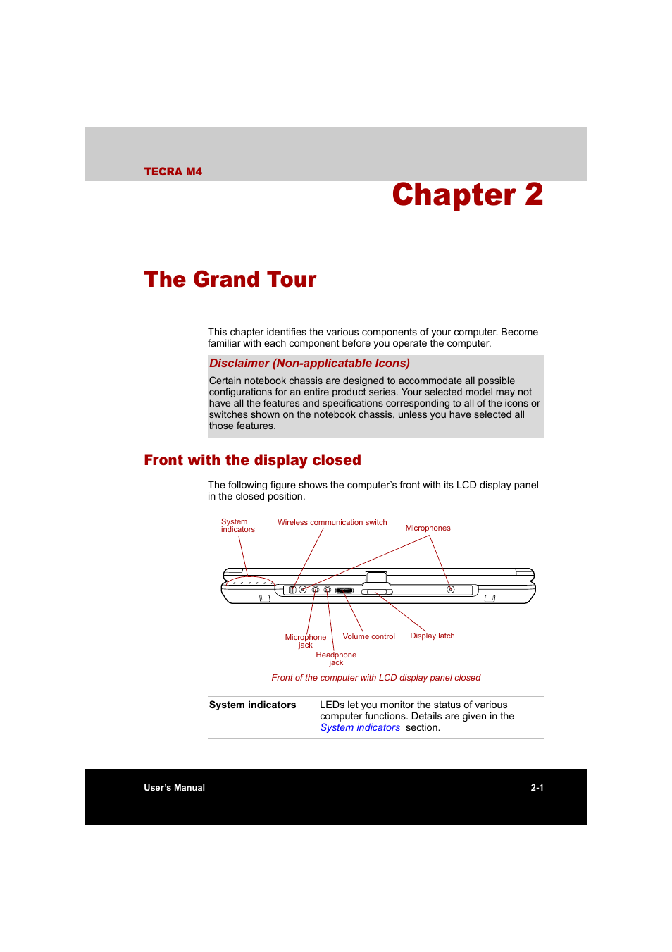 Chapter 2: the grand tour, Front with the display closed, Chapter 2 | The grand tour, Front with the display closed -1 | Toshiba Tecra M4 User Manual | Page 38 / 237