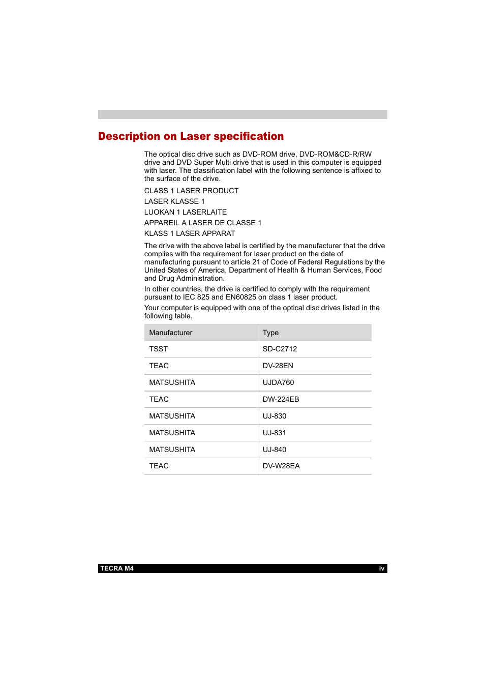 Description on laser specification | Toshiba Tecra M4 User Manual | Page 4 / 237