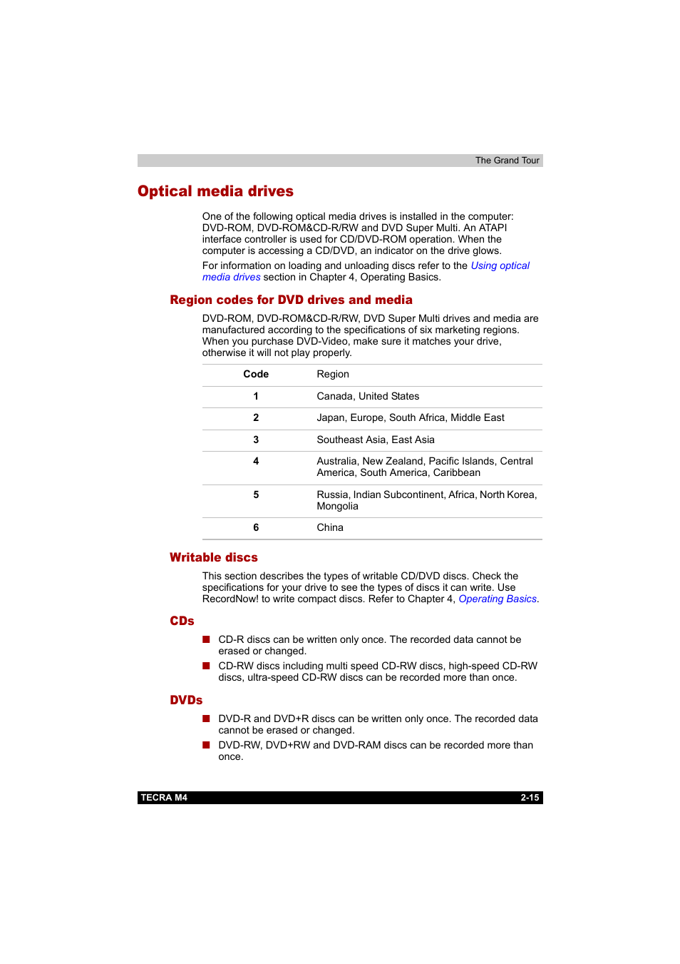 Optical media drives, Region codes for dvd drives and media, Writable discs | Dvds, Optical media drives -15 | Toshiba Tecra M4 User Manual | Page 52 / 237
