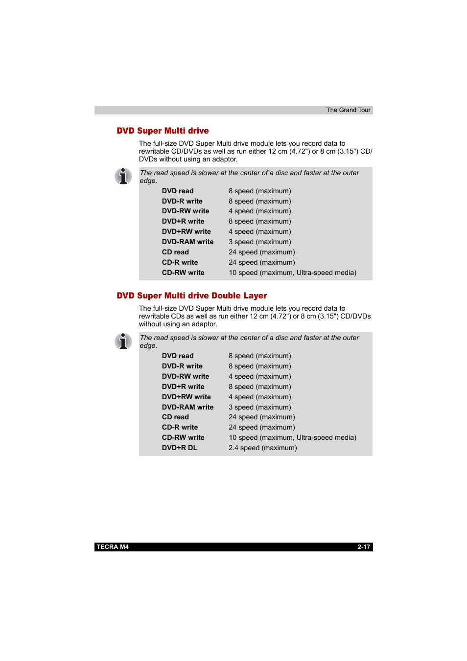 Dvd super multi drive, Dvd super multi drive double layer | Toshiba Tecra M4 User Manual | Page 54 / 237