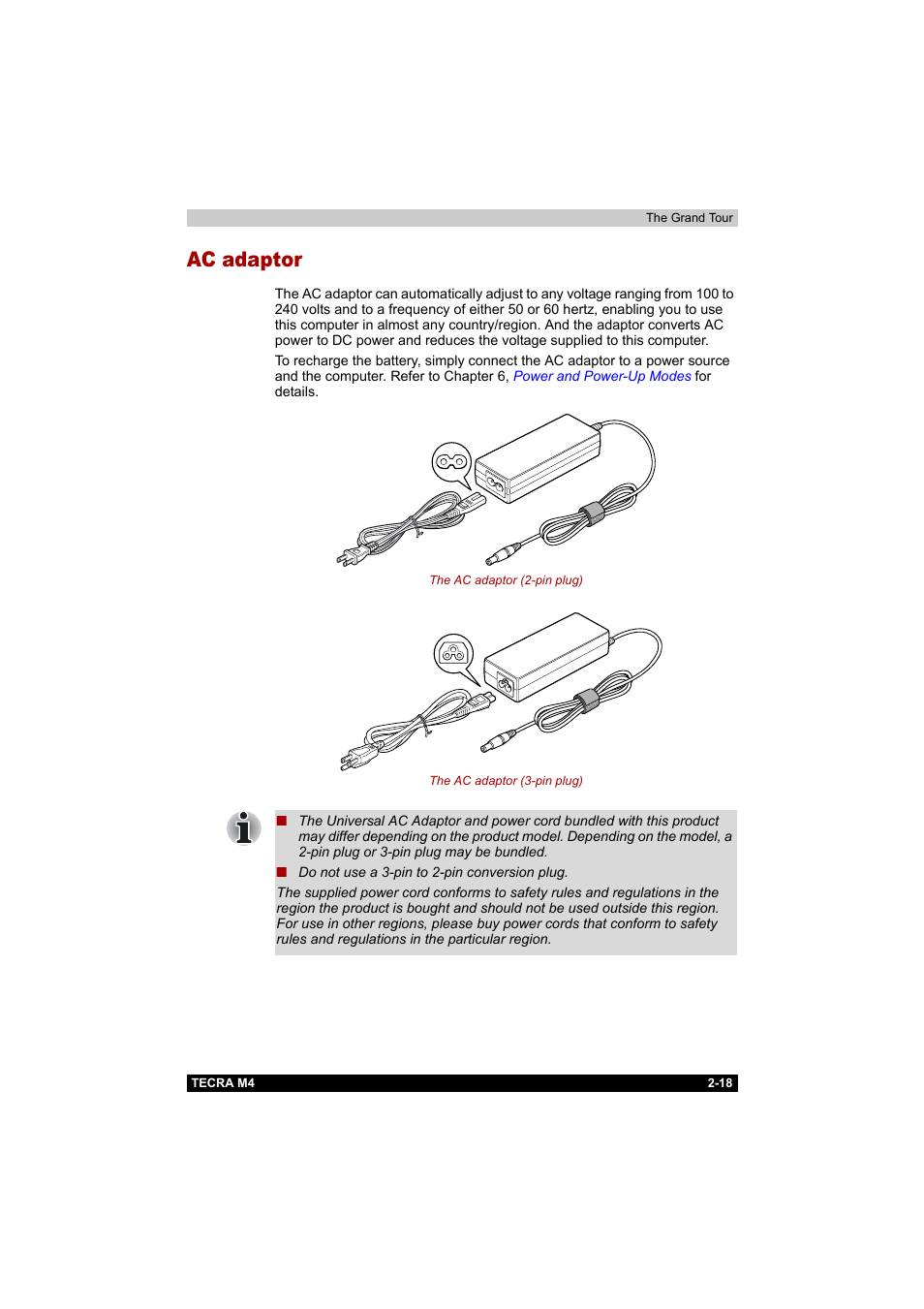 Ac adaptor, Ac adaptor -18 | Toshiba Tecra M4 User Manual | Page 55 / 237