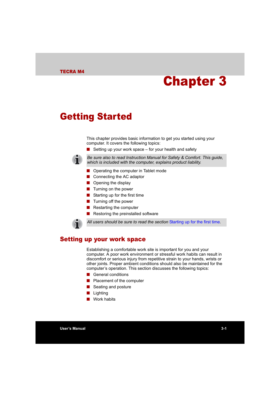 Chapter 3: getting started, Setting up your work space, Chapter 3 | Getting started, Setting up your work space -1, Provi | Toshiba Tecra M4 User Manual | Page 57 / 237