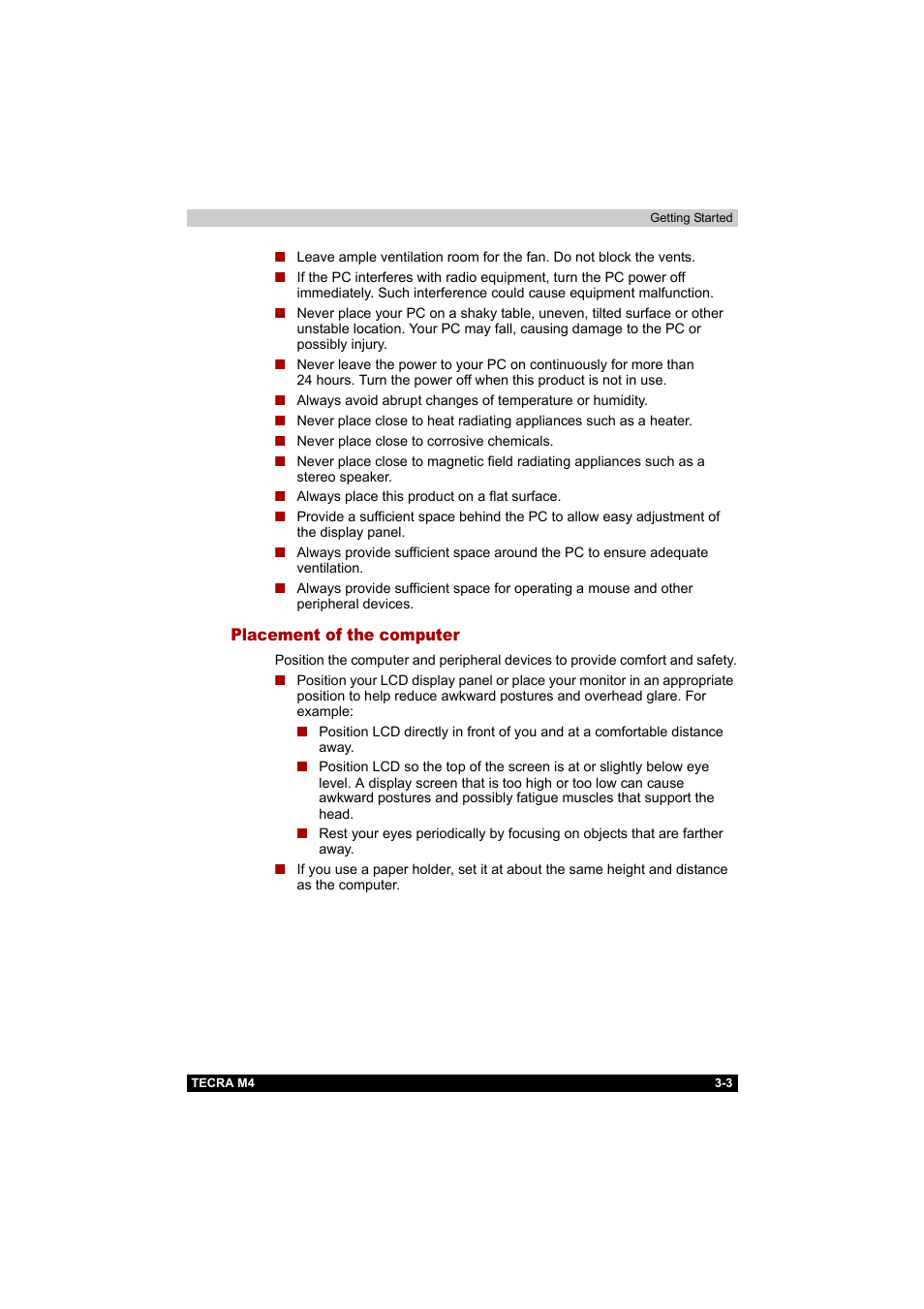 Placement of the computer, Placement of the computer -3 | Toshiba Tecra M4 User Manual | Page 59 / 237