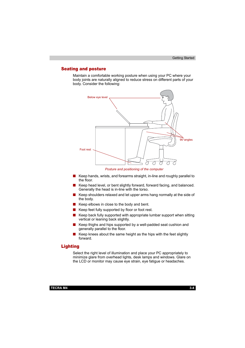 Seating and posture, Lighting, Seating and posture -4 lighting -4 | Toshiba Tecra M4 User Manual | Page 60 / 237
