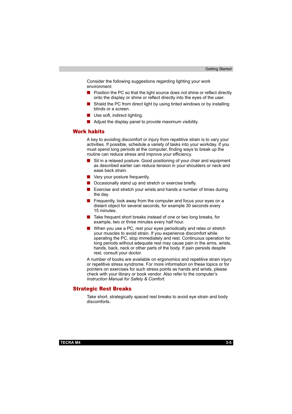 Work habits, Strategic rest breaks, Work habits -5 strategic rest breaks -5 | Toshiba Tecra M4 User Manual | Page 61 / 237
