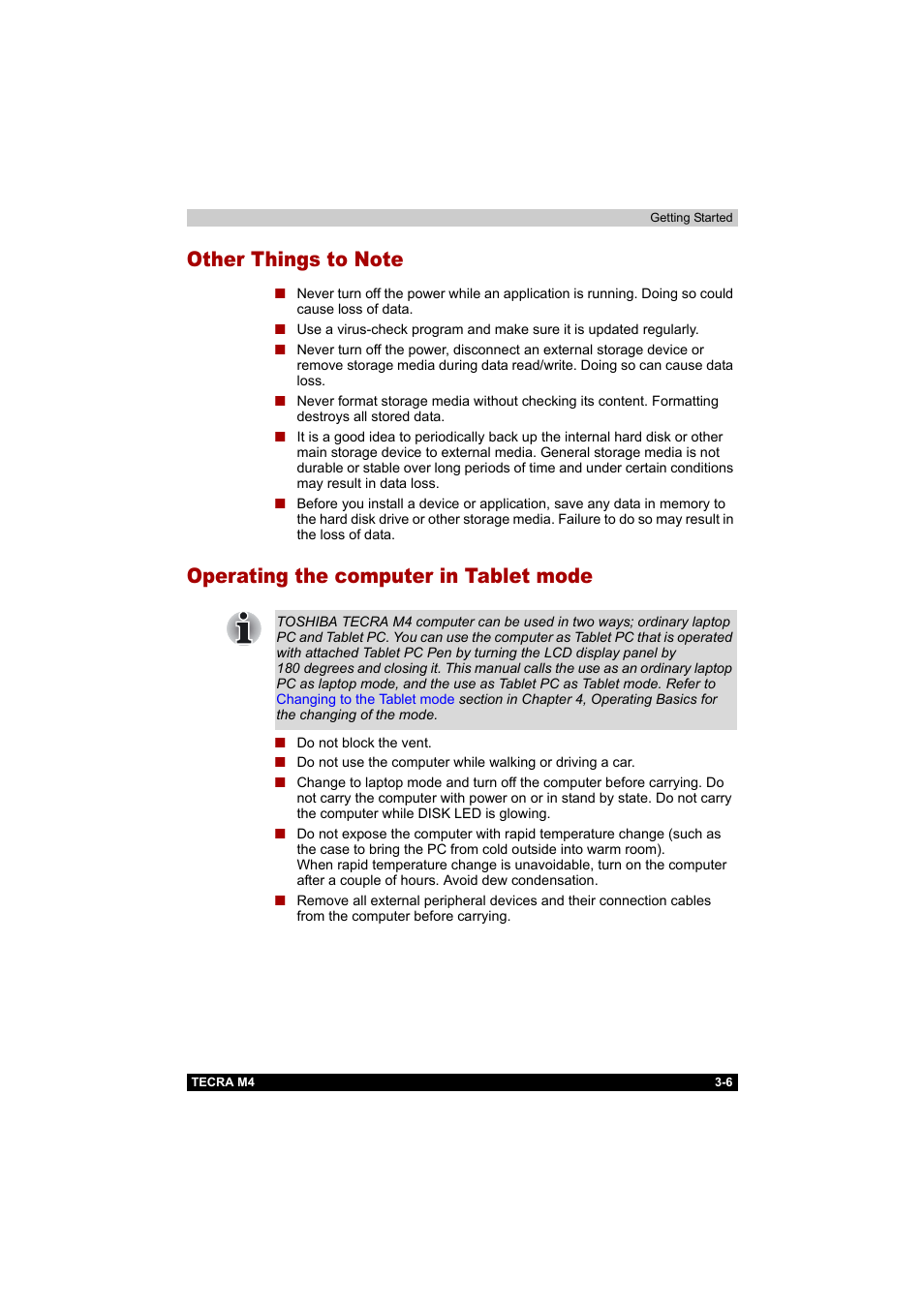 Other things to note, Operating the computer in tablet mode | Toshiba Tecra M4 User Manual | Page 62 / 237