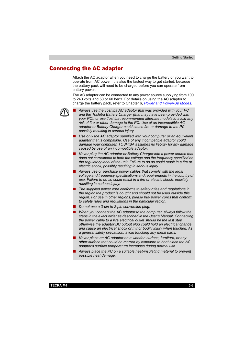 Connecting the ac adaptor, Connecting the ac adaptor -8 | Toshiba Tecra M4 User Manual | Page 64 / 237