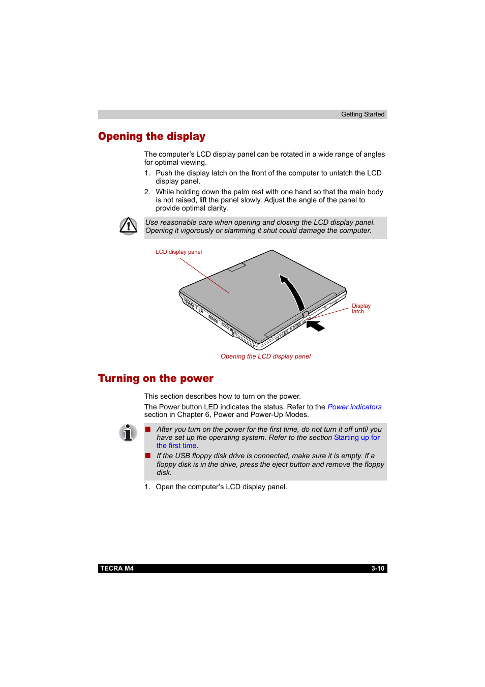 Opening the display, Turning on the power, Opening the display -10 turning on the power -10 | Toshiba Tecra M4 User Manual | Page 66 / 237