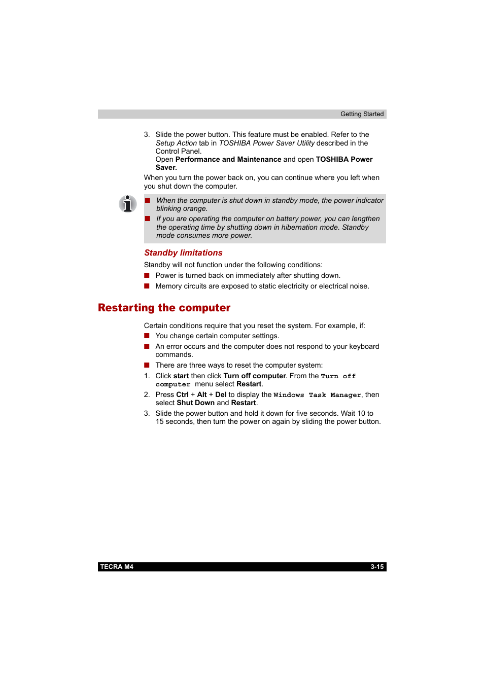 Restarting the computer, Restarting the computer -15 | Toshiba Tecra M4 User Manual | Page 71 / 237