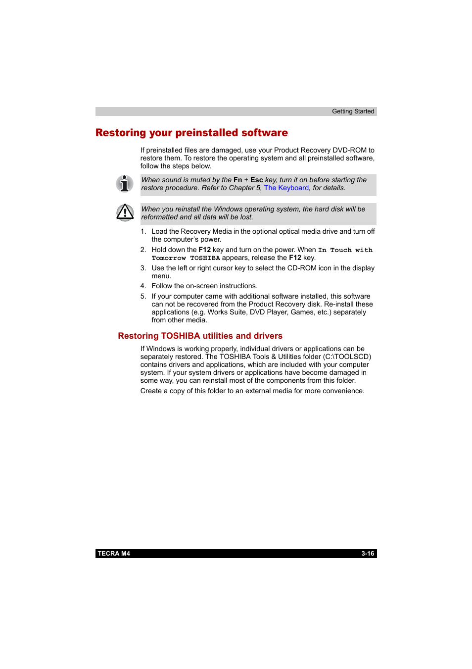 Restoring your preinstalled software, Restoring toshiba utilities and drivers, Restoring your preinstalled software -16 | Restoring toshiba utilities and drivers -16 | Toshiba Tecra M4 User Manual | Page 72 / 237