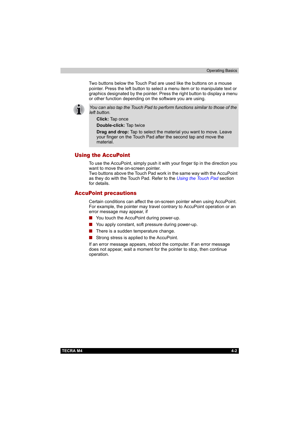 Using the accupoint, Accupoint precautions, Using the accupoint -2 accupoint precautions -2 | Section in | Toshiba Tecra M4 User Manual | Page 74 / 237