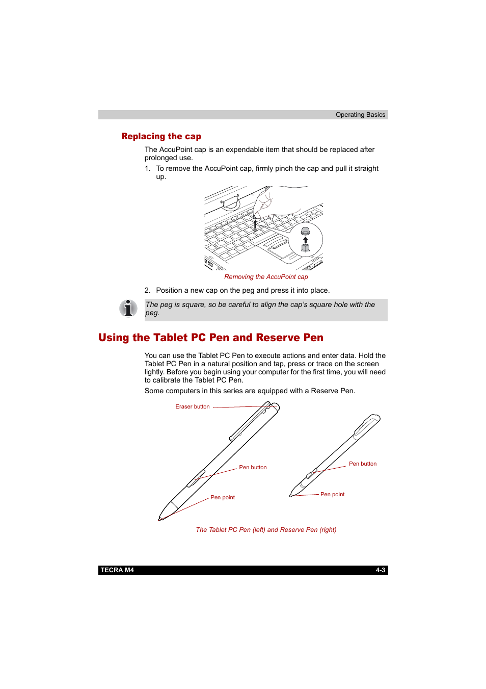 Replacing the cap, Using the tablet pc pen and reserve pen, Replacing the cap -3 | Using the tablet pc pen and reserve pen -3, Screen. refer to the, Using the tablet pc, Pen and reserve pen | Toshiba Tecra M4 User Manual | Page 75 / 237