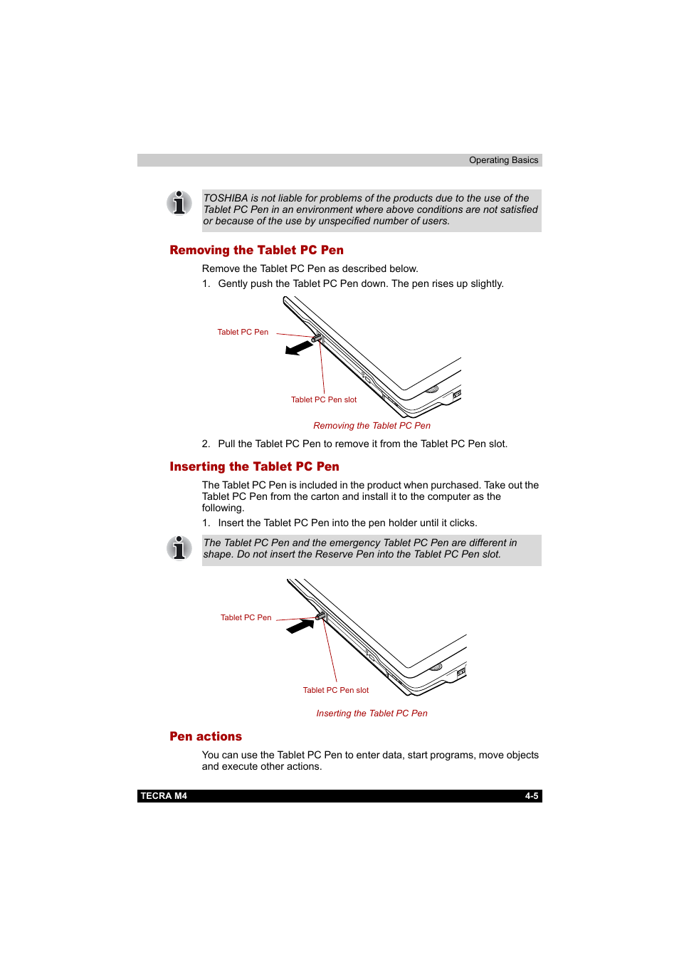 Removing the tablet pc pen, Inserting the tablet pc pen, Pen actions | Toshiba Tecra M4 User Manual | Page 77 / 237