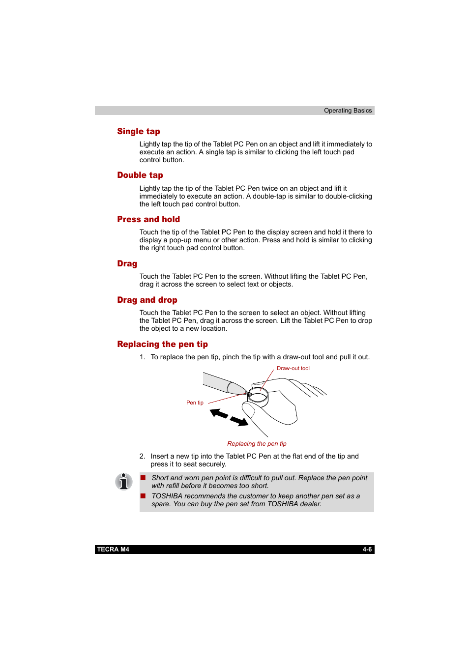 Single tap, Double tap, Press and hold | Drag, Drag and drop, Replacing the pen tip | Toshiba Tecra M4 User Manual | Page 78 / 237