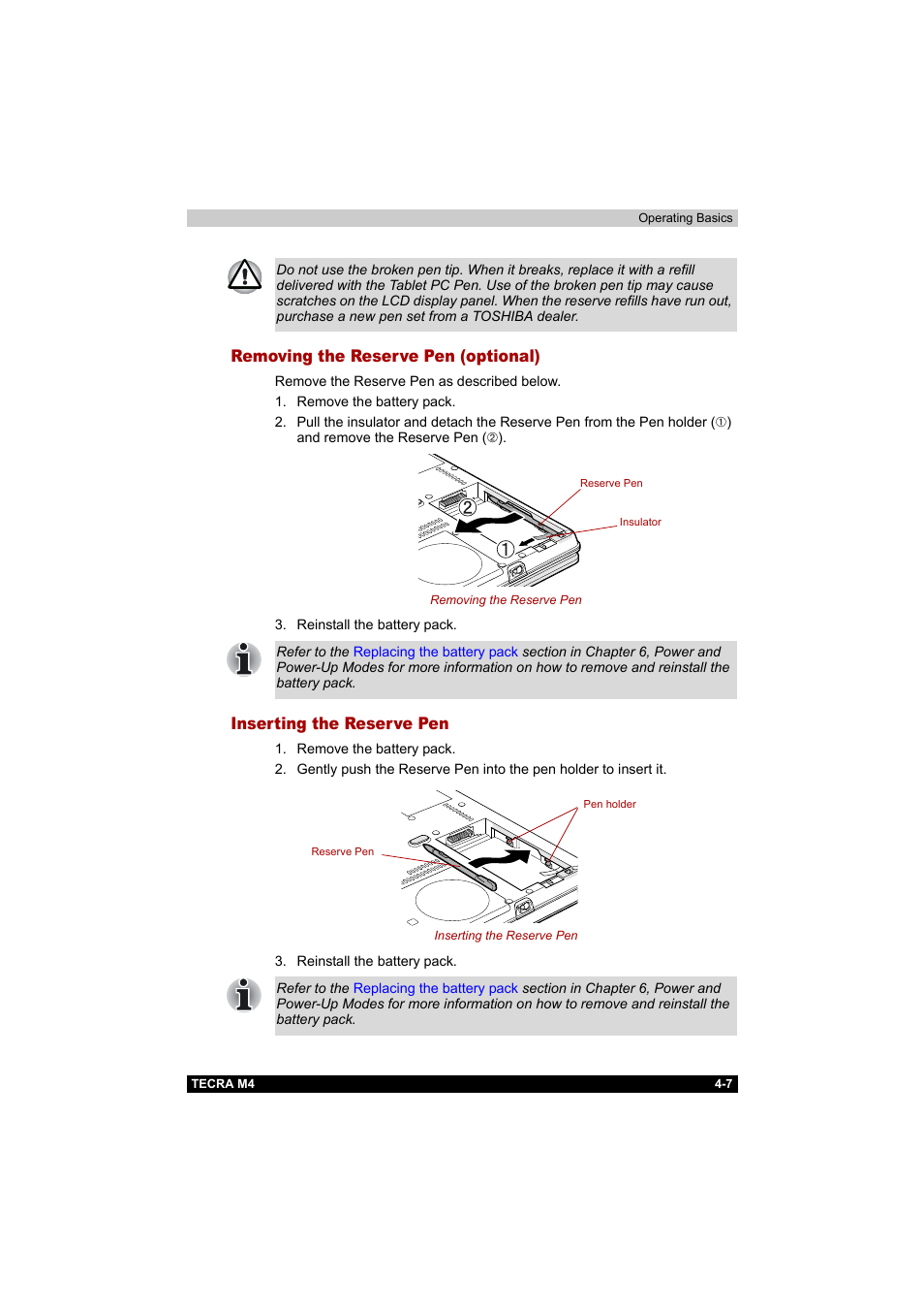 Removing the reserve pen (optional), Inserting the reserve pen | Toshiba Tecra M4 User Manual | Page 79 / 237